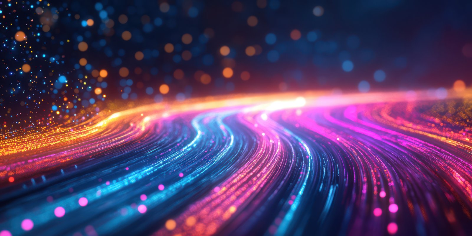 Colorful light trails create a mesmerizing visual display at night in a digital landscape